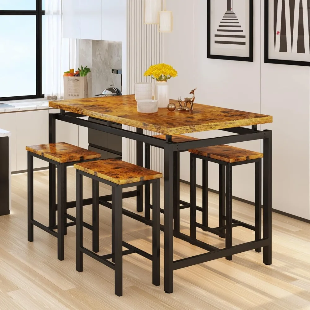 Industrial Counter Height Bar Table and 4-Chair Set | 5-Piece Pub Dining Table Set for Home Kitchen