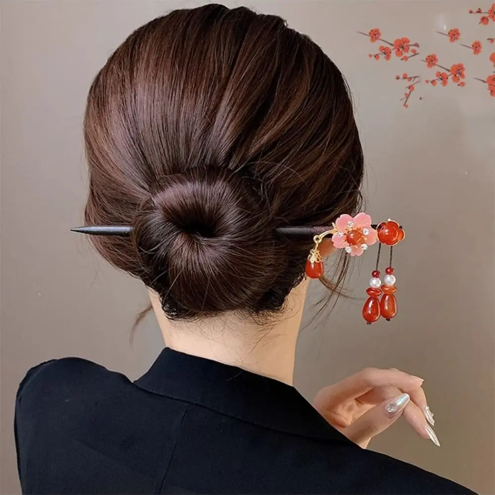 

Antique Flower Wooden Hair Stick Red New Year Hanfu Hairpin Hair Fork Hanfu Headwear Cheongsam Accessories
