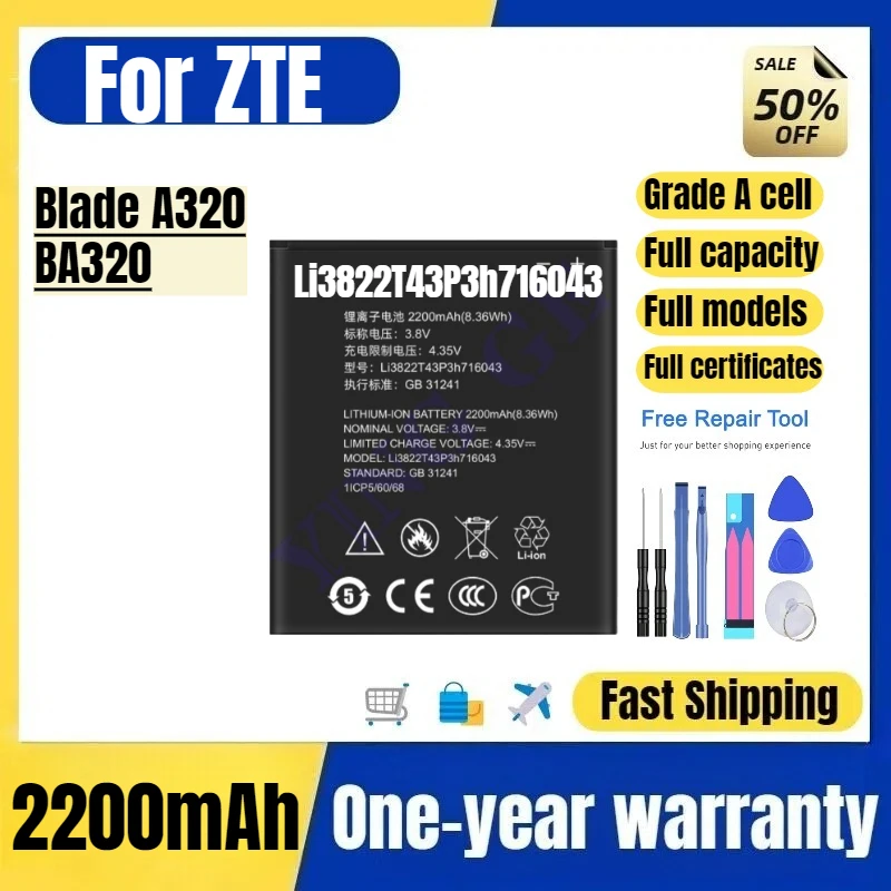 

Li3822T43P3h716043 for ZTE Blade A320/BA320 Phone Battery High Quality High Capacity Replacement Bateria Grade A Cell with Tools