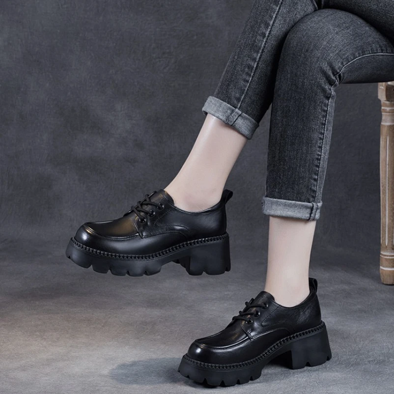 

Женские весенне-осенние маленькие кожаные туфли 2023, женские туфли на платформе и блочном каблуке, женская обувь из мягкой кожи с кружевом