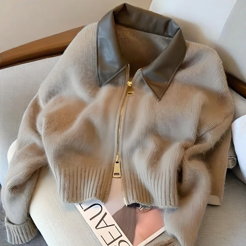 

European American Retro Knitted Autumn Winter Splicing Design Double Zipper Short Leather Collar Sweater Women Cardigan Coat Top