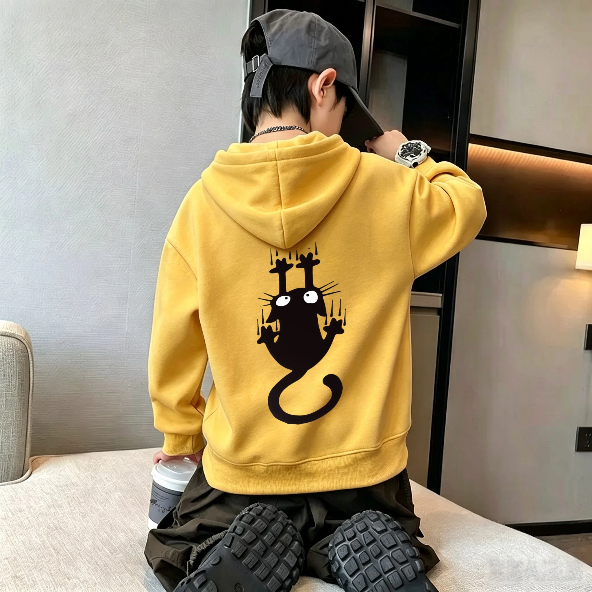Autumn/Winter New Children's Hooded Sweater -Cool Design - Cat Graffiti Print - Long-Sleeved Loose Hooded Top for Boys and Girls