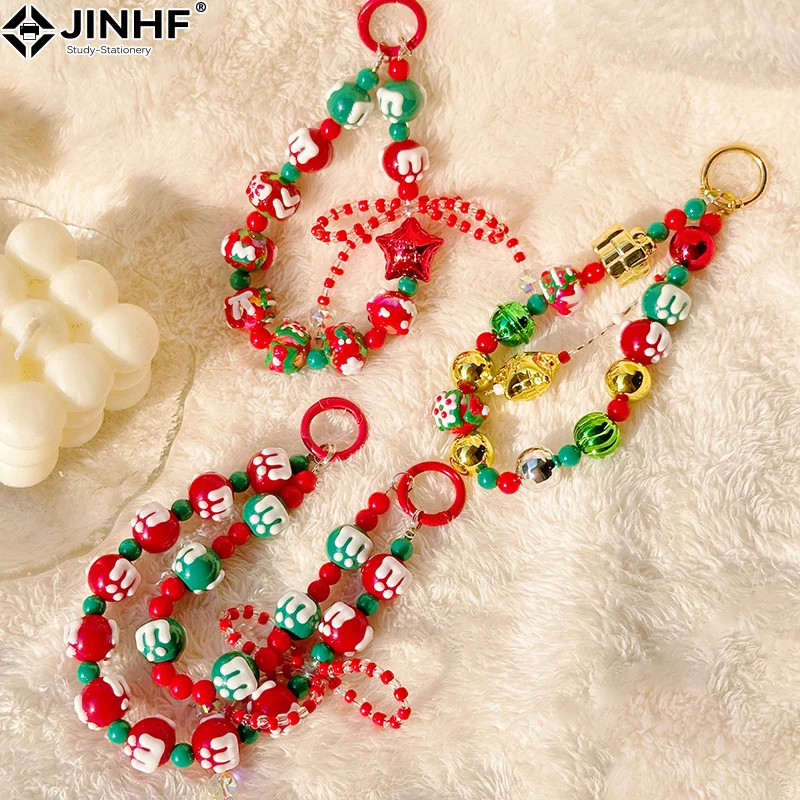 Cute Hand Drawn Beaded Christmas Phone Chain KeyChain Anti-lost Phone Wrist Strap Bag Pendant Decoration