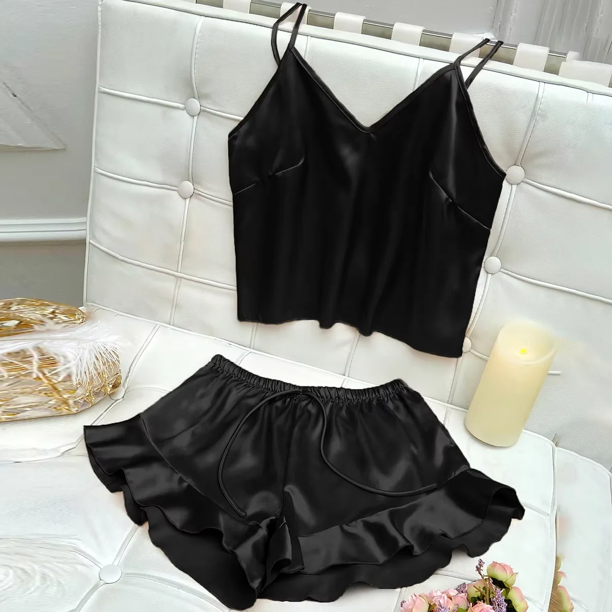 Solid Satin Pajama Set V Neck Cami Top Ruffle Shorts Women's Sleepwear Loungewear