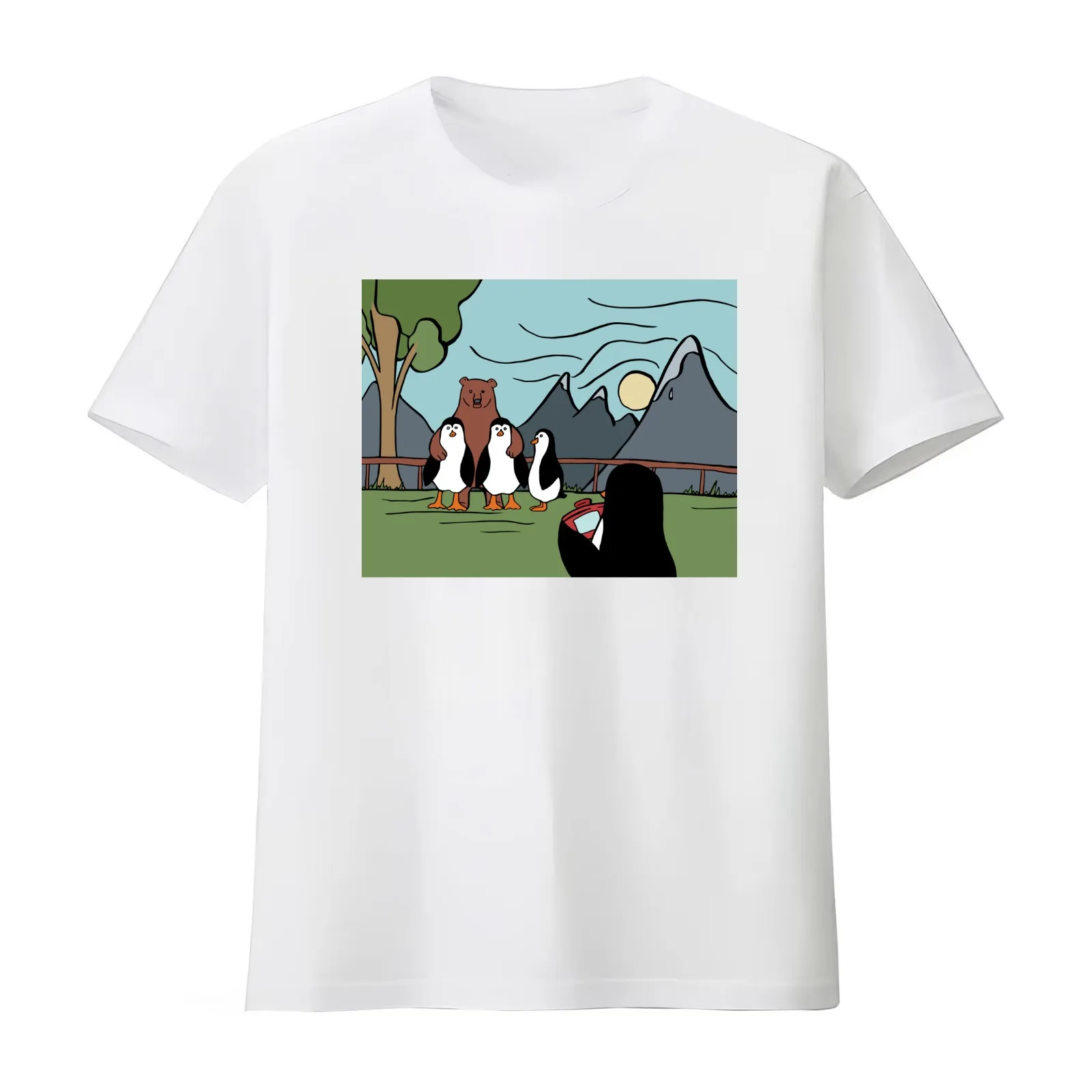 Penguin Family Photo Opp With a Local Bear T-Shirt Summer Casual Cotton Tee Oversized Streetwear Tops Vintage Graphic Print