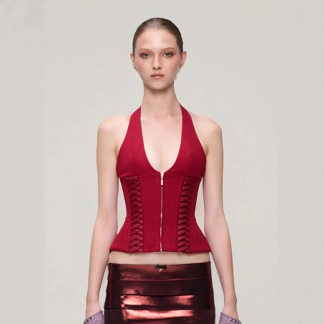 Strap Up Waist Hanging Neck Deep V-Neck Vest, Spicy Girl Slimming Short Fit Versatile Top