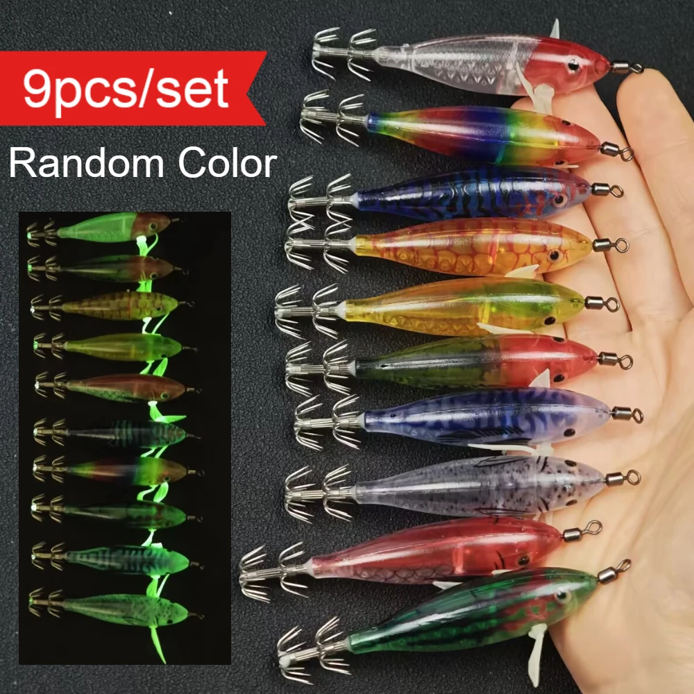 9pcs/set Random Horizontal Squid Jig Lure Color 8cm Glow Fishing Lure Saltwater Shrimp Cuttlefish Fishing Accessories Baits