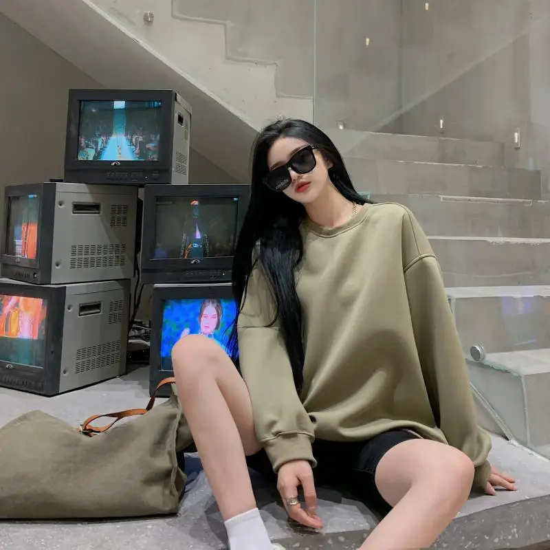 Suéter de mujer estilo otoño manga larga suelto verde cuello redondo Top mujer