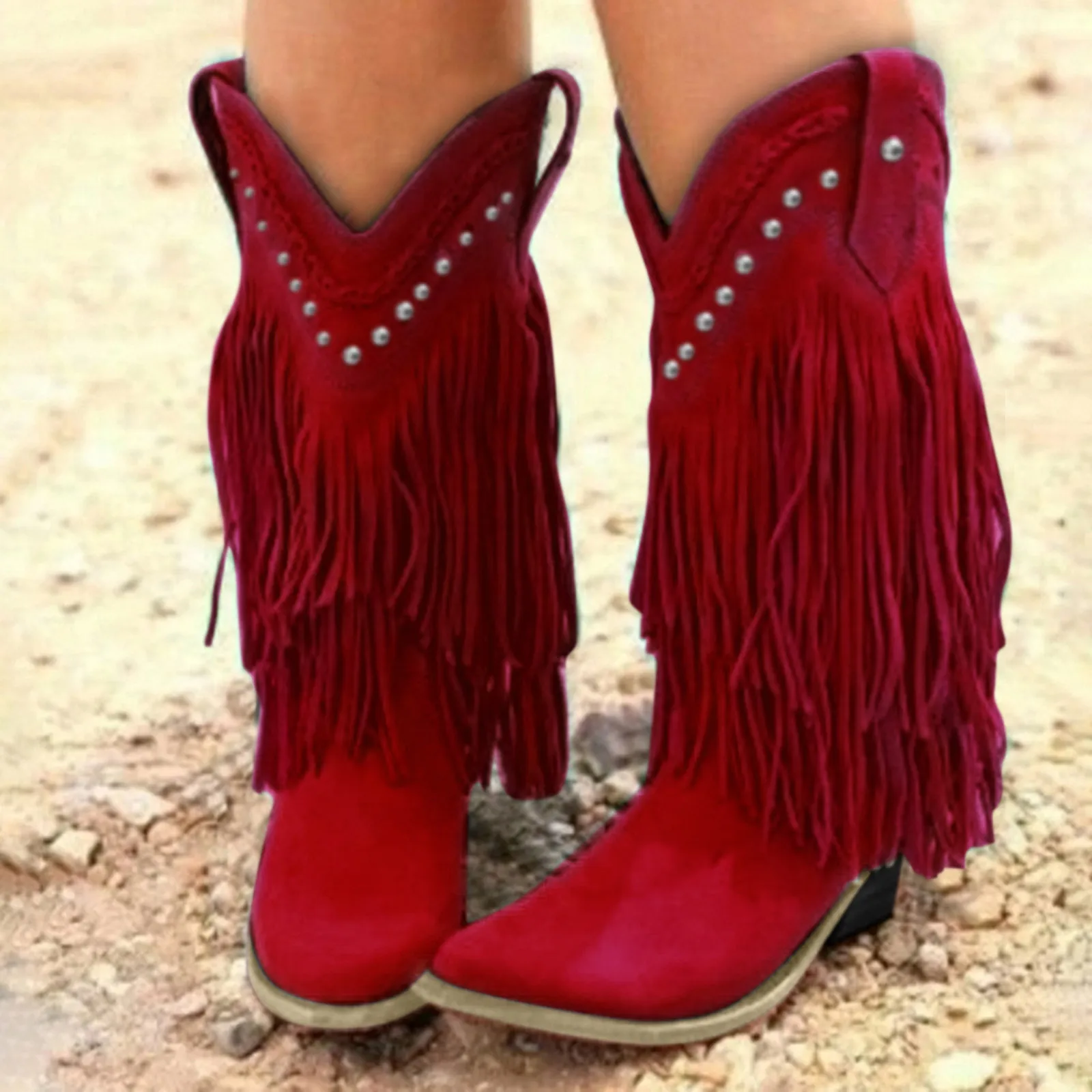 2024 Retro Rivet Tassels Long Boots Fringe Western Cowboy Boots Women Vintage Woman Chunky Heels Casual Boot Slip On Femal Shoes