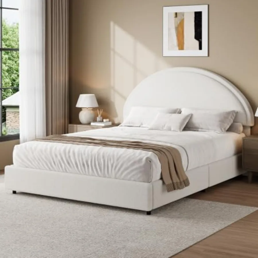 Modern upholstered platform bed frame with round headboard, boucle fabric, neutral tone, no box spring required, easy assembly