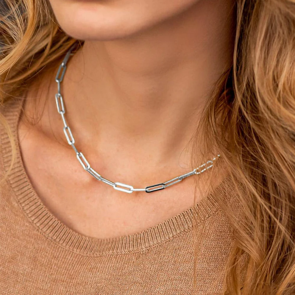 EManco Hot Fashion Paperclip Link Chain Women Necklace Stainless Steel Silver Color Chain Necklace for Link Chain Jewelry Gift