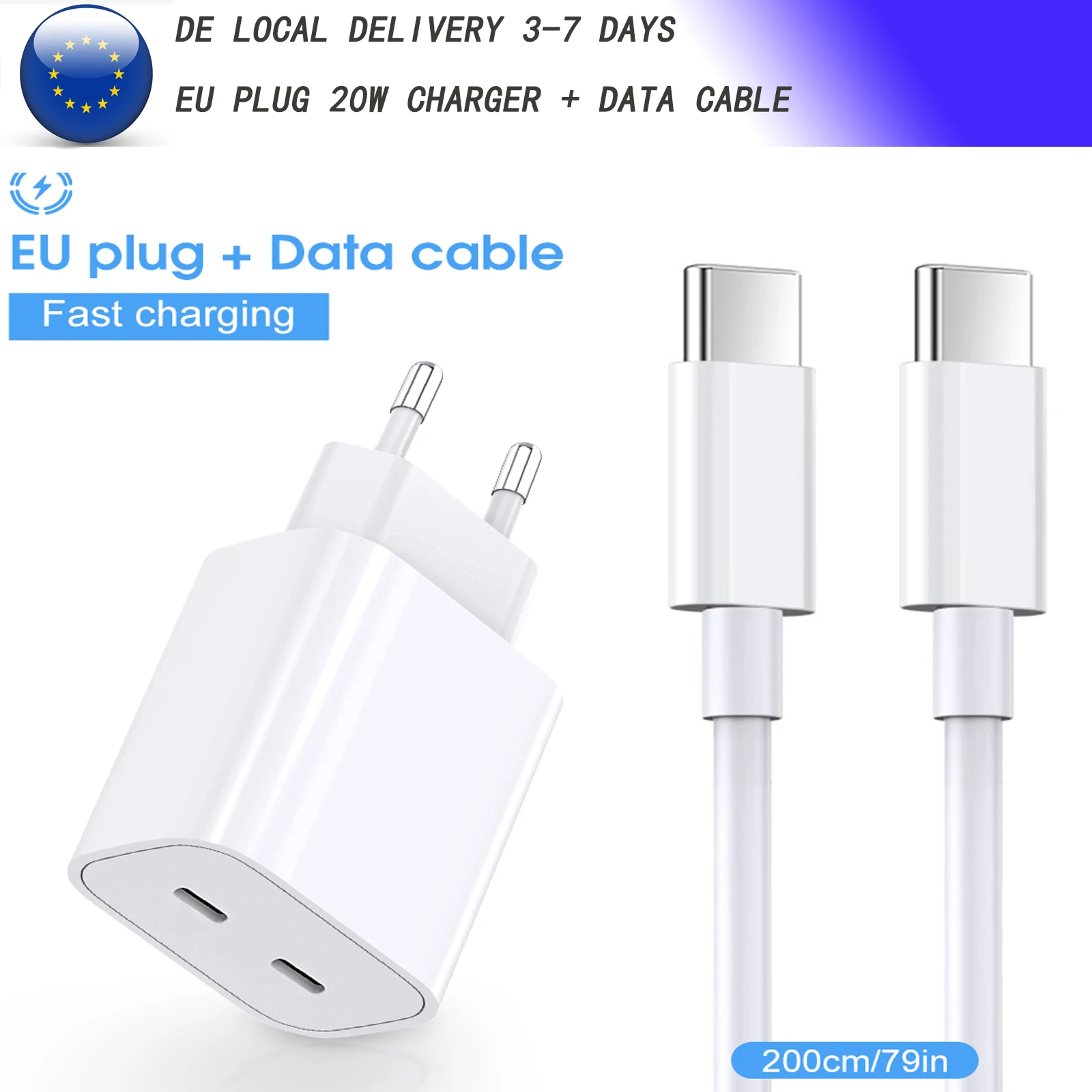 Adattatore per telefono cellulare con caricabatterie doppio tipo C 20W con spina europea con cavo dati da 2 M per accessori Airpods per telefono IPhone 15 16