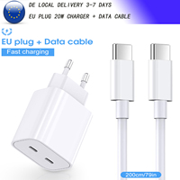 EU Plug Double Type C 20W Charger Mobile Phone Adapter With 2M Data cable for IPhone 15 16 Phone Airpods Accessories
