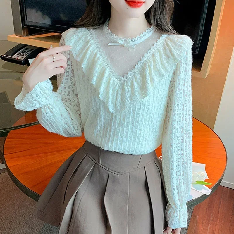 Fashion O-Neck Women Blouse Ruffles Adding Velvet Thickening Long Sleeve Blouse Shirt Women Tops Blouses Camisas De Mujer M571