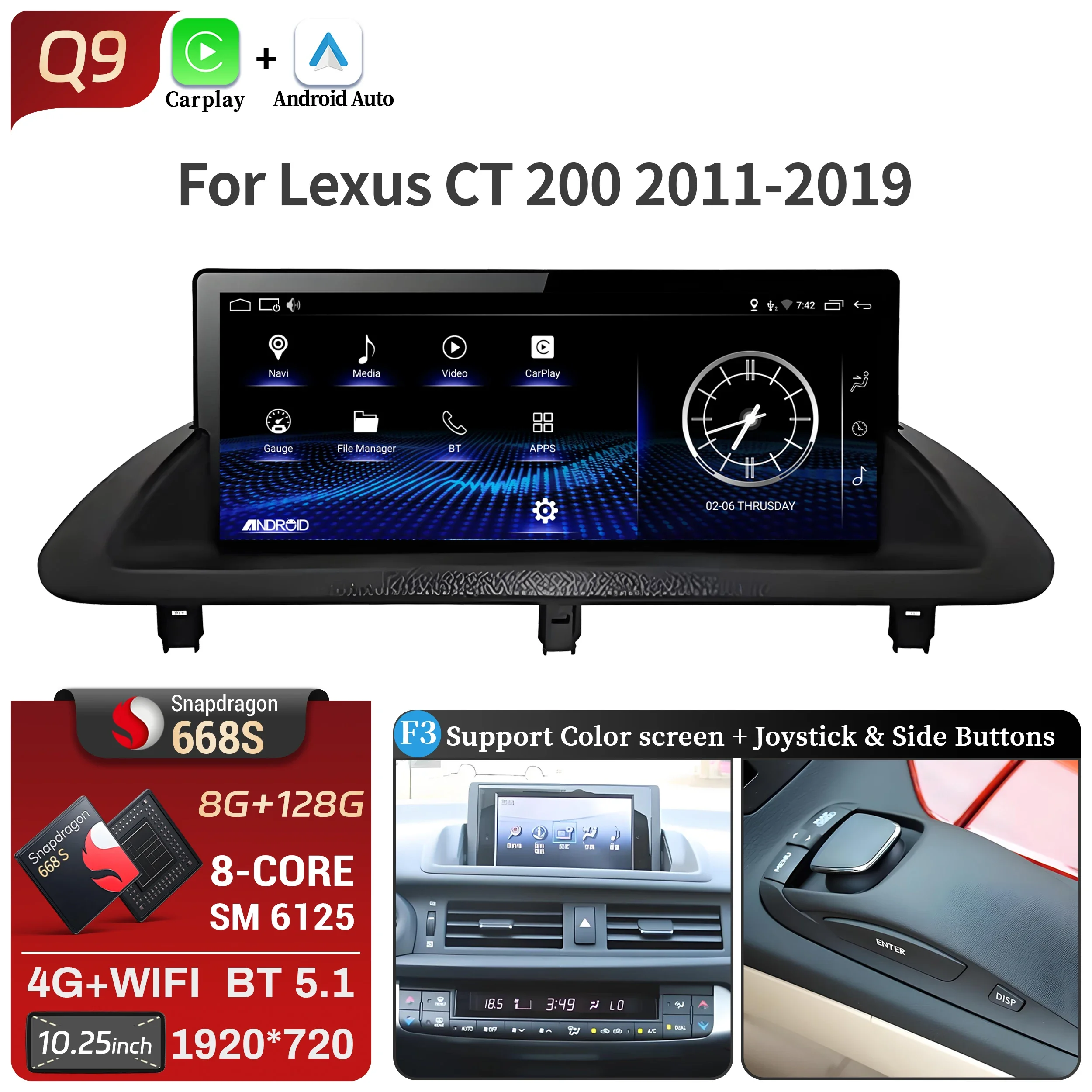 10.25 inch Voor Lexus Ct 200 Ct 200 H 2011-2019 Android 14 Autoradio Multimedia Navigatie Draadloze Carplay Snapdragon 668 S Scherm