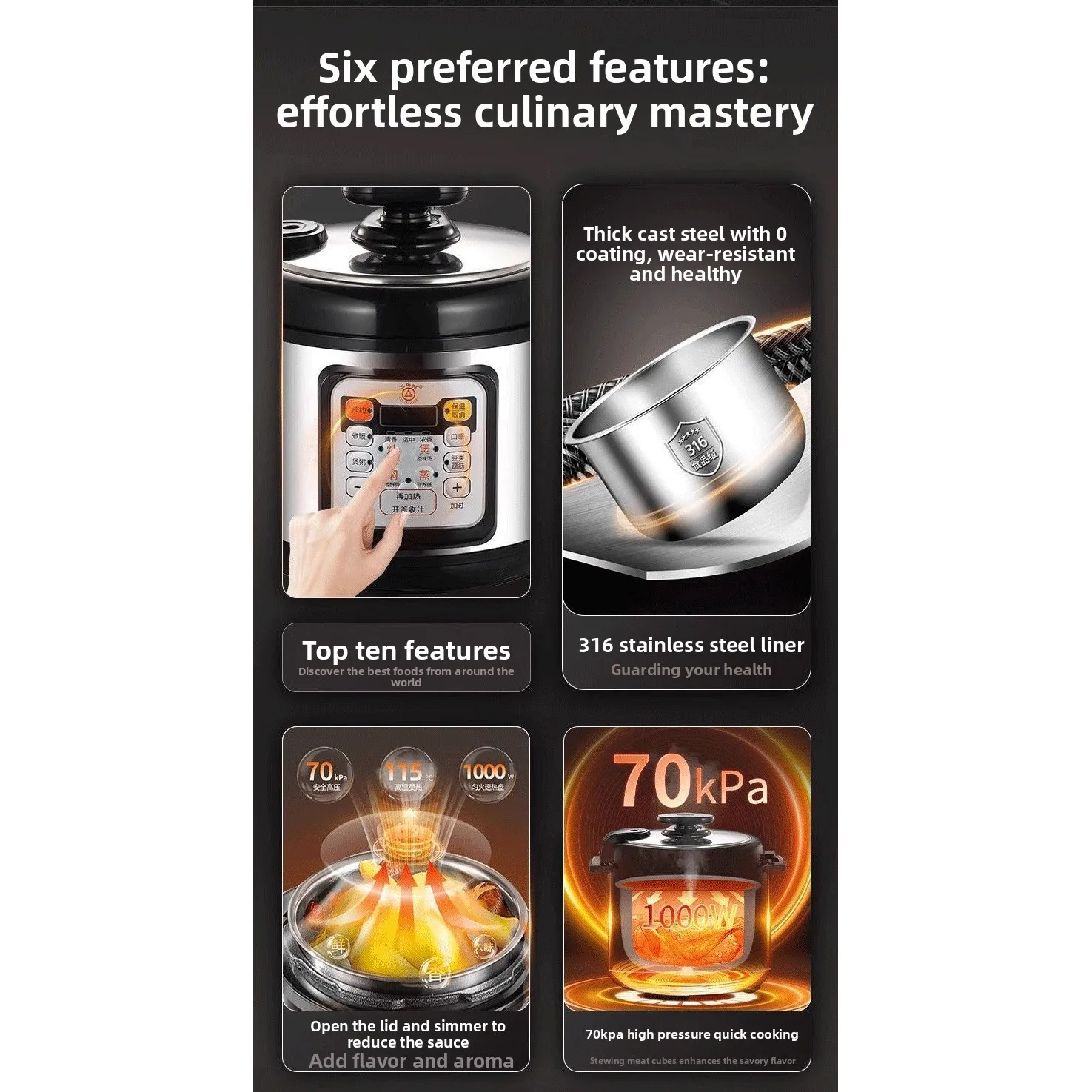 Electric pressure cooker for 1-2-4 people, 5-6 liter small multi-functional stainless steel electric pressure cooker