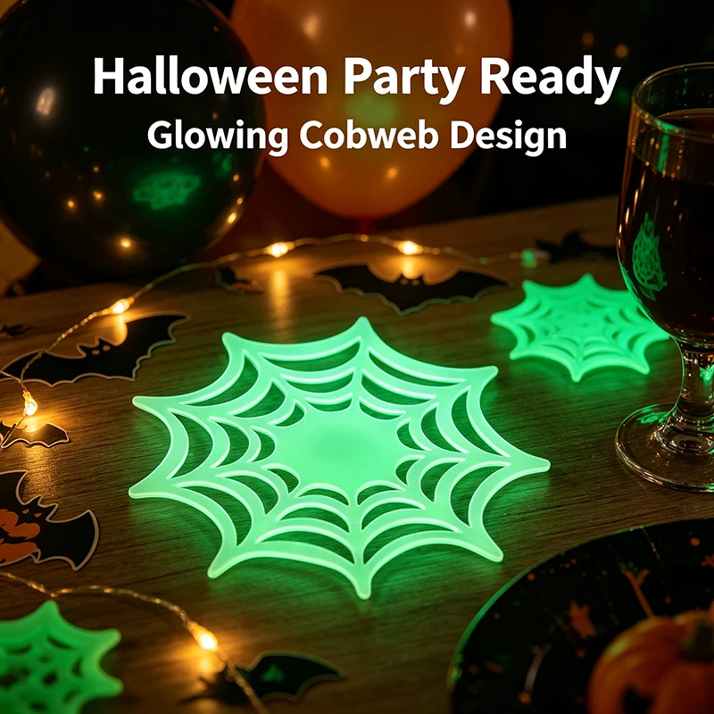 Halloween Felt Coaster Spider Web Design Light Up Table Mat Non Slip Cup Pad Halloween Party Decorations Tabletop Protection