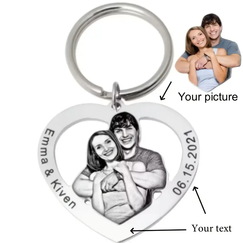سلسلة مفاتيح على شكل قلب من الفولاذ المقاوم للصدأ مخصصة للنساء صورة مخصصة وحلقة مفاتيح اسم محفورة، عائلة، ذكرى المشاعر للأزواج #3