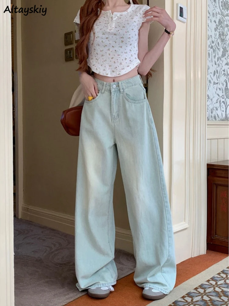 

Jeans Women Light Nlue Vintage Straight Washed Summer High Waist Baggy Korean Style Leisure All-match Simple Minimalist Stylish