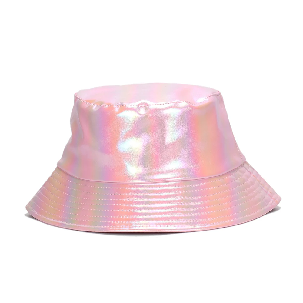 High Quality Springautumn Imitation Leather Luminous Laser Rainbow Colours Unisex Bucket Hat for Women Actor Stage Jazz Cap DY19