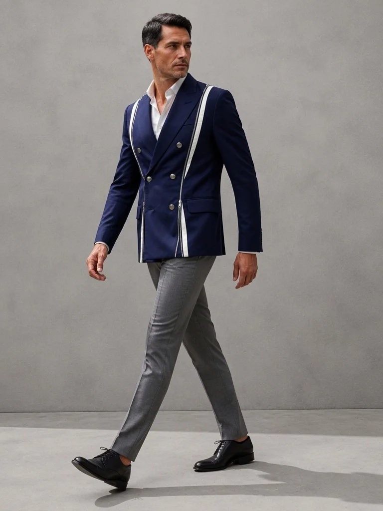 Men's Satin Business Blazer Peak Lapel Zipper Design Double Breasted Slim Fit Wedding Party Formal Stage Banquet Suit Jacket