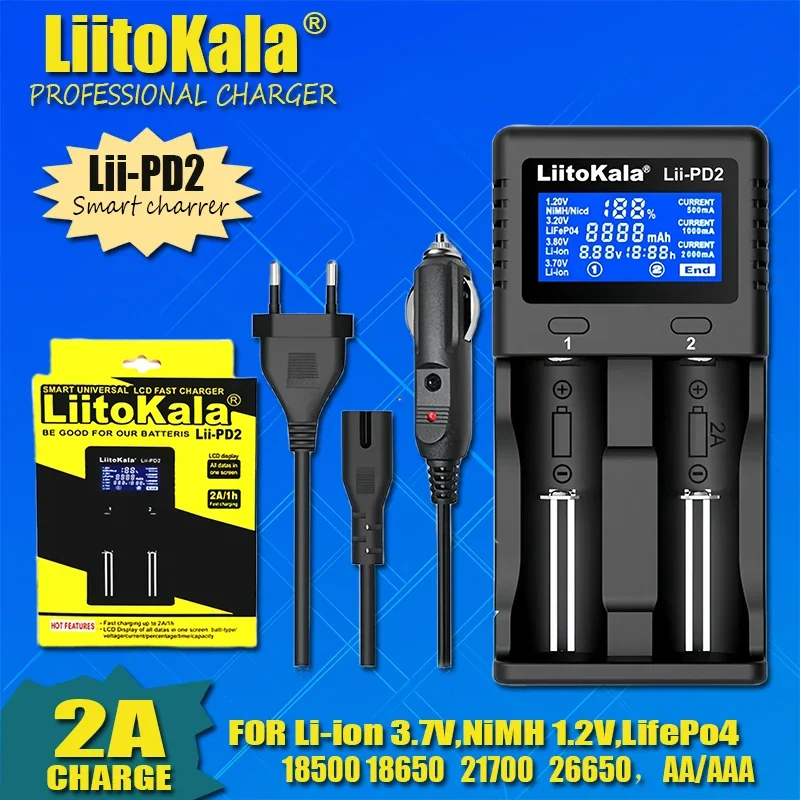 LiitoKala Lii-PD2 Lii-PD4 18650 charger 1.2V/3.7V/3.2V/3.85V 21700 20700 2665014500 16340 battery LCD charger