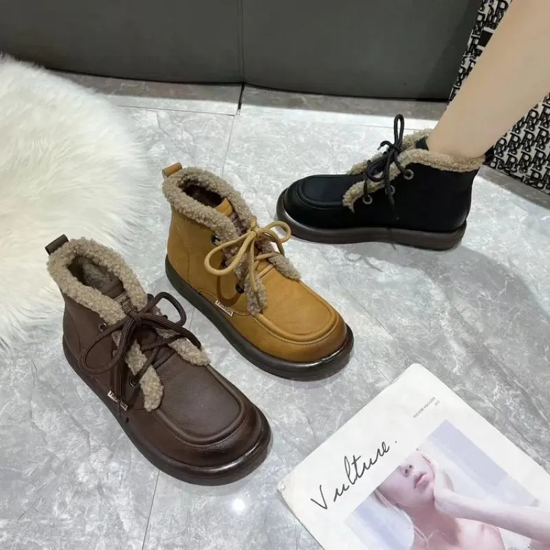 Женские нескользящие ботинки на плоской подошве, с плюшевой подкладкой