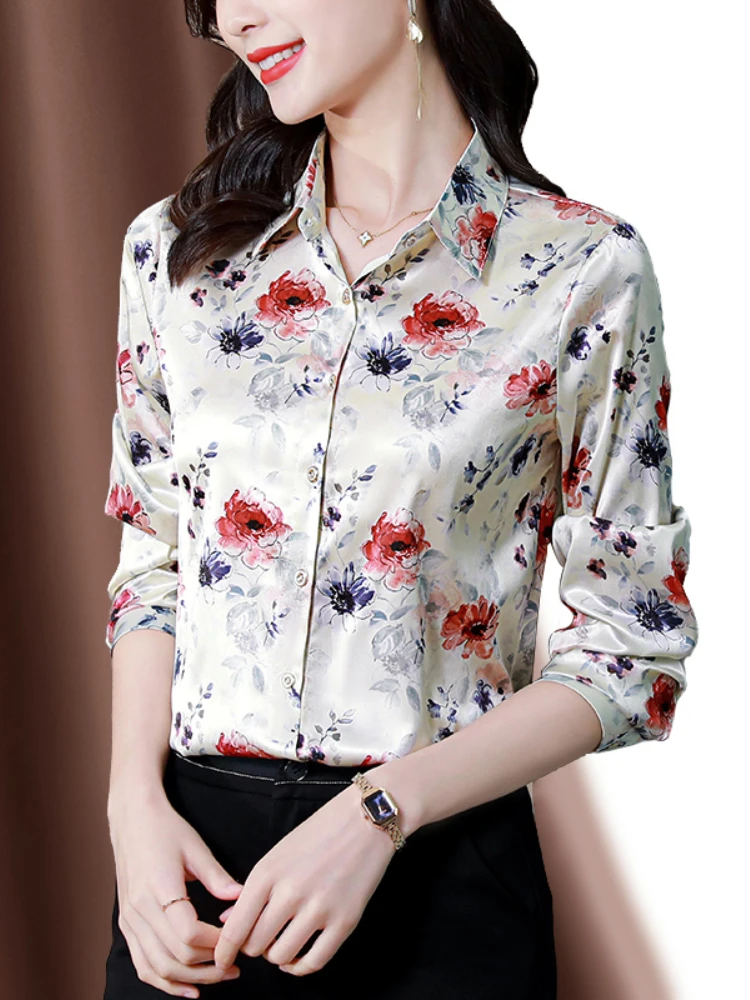 2023 Autumn Women Shirt Fashion Printing Satin Long Sleeve Blouse Vintage Women\'s Elegant Blouses OL Womens Tops Female Clothing