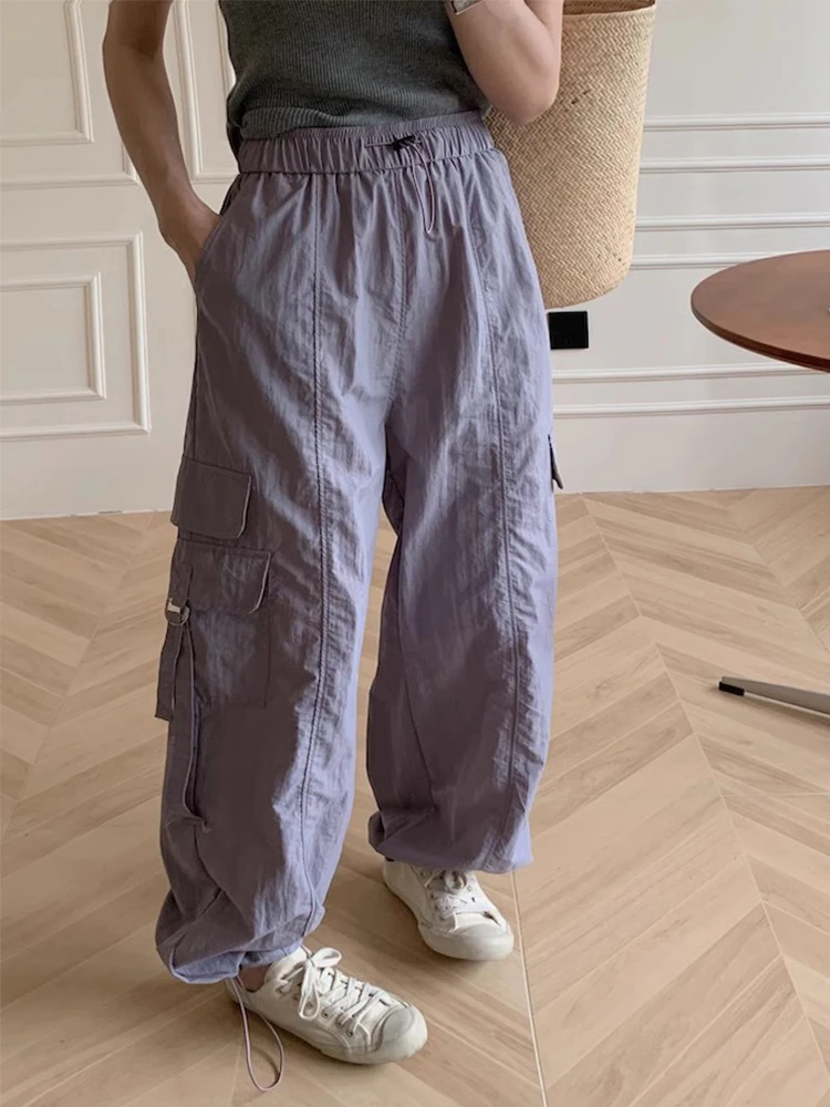 

Fashion High Waist Loose Large Pockets Trouser Drawstring Ankle Tied Work Wear Long Pants 2024 New Spring Summer 072