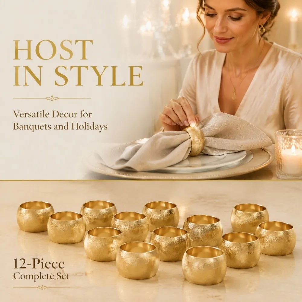 12Pcs Gold Color Napkin Rings Textured Surface Iron Metal Napkin Holders 4.5cm Outer Width Simple Design Table Napkin Rings