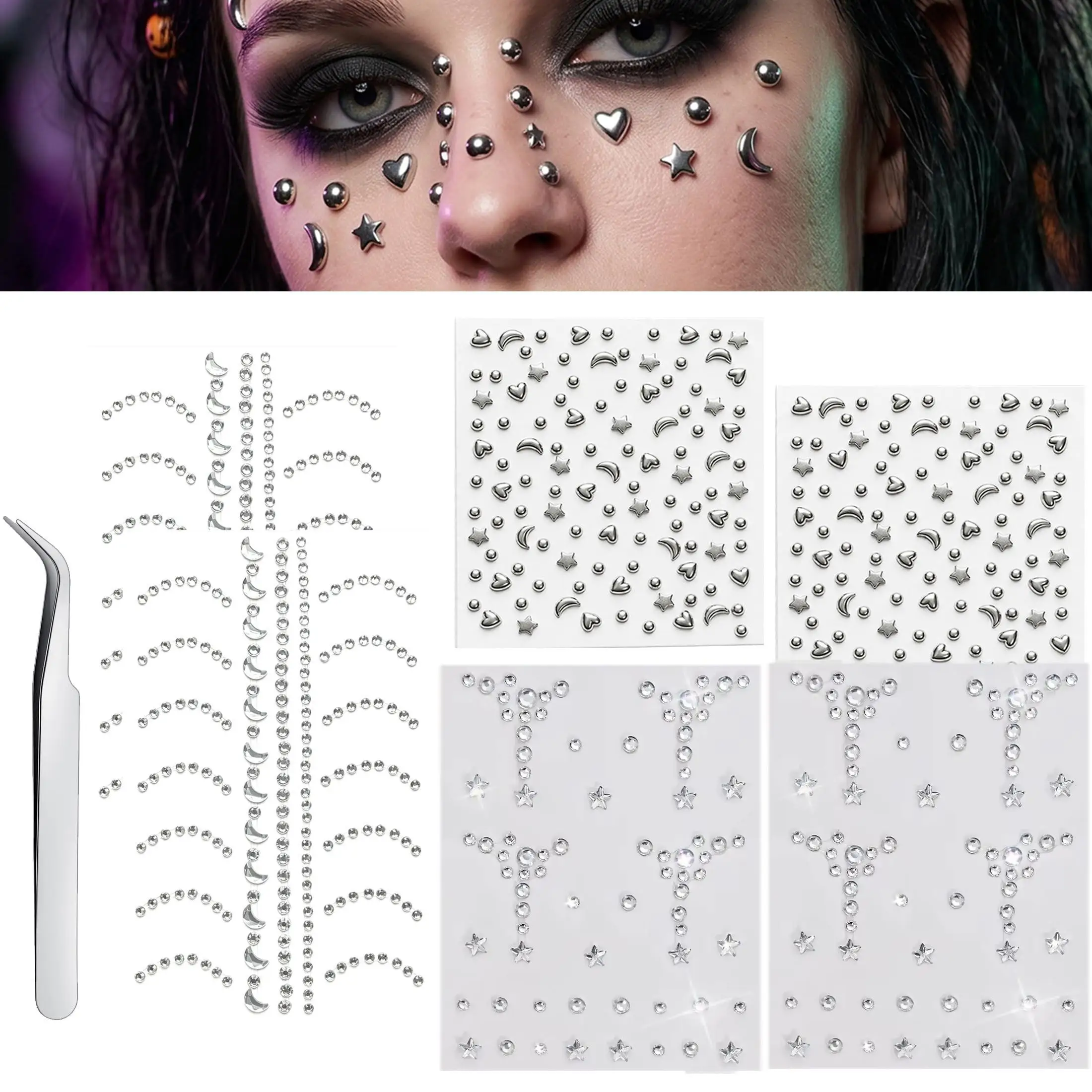 Fake Piercings Balls Stick on Nose Stud Fake Eyebrow Lip Hoop Labret Stud Adhesive Star Face Gems Rhinestone Makeup Stickers