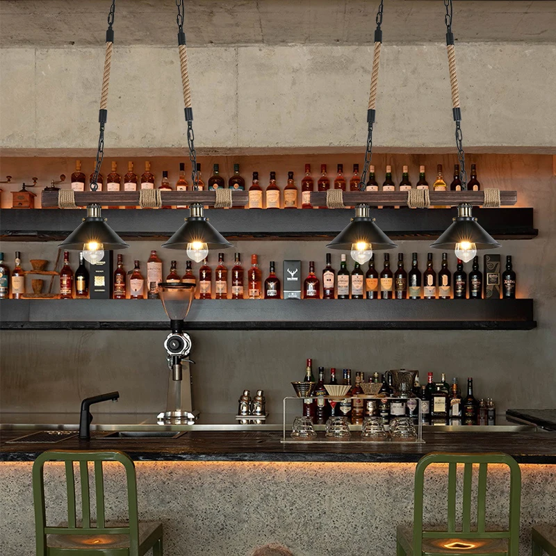 3 Heads Retro Long Solid Wood Chandeliers Industrial Style Hemp Rope Nostalgic Restaurant Lights Kitchen Cafe Bar Pendant Lamp