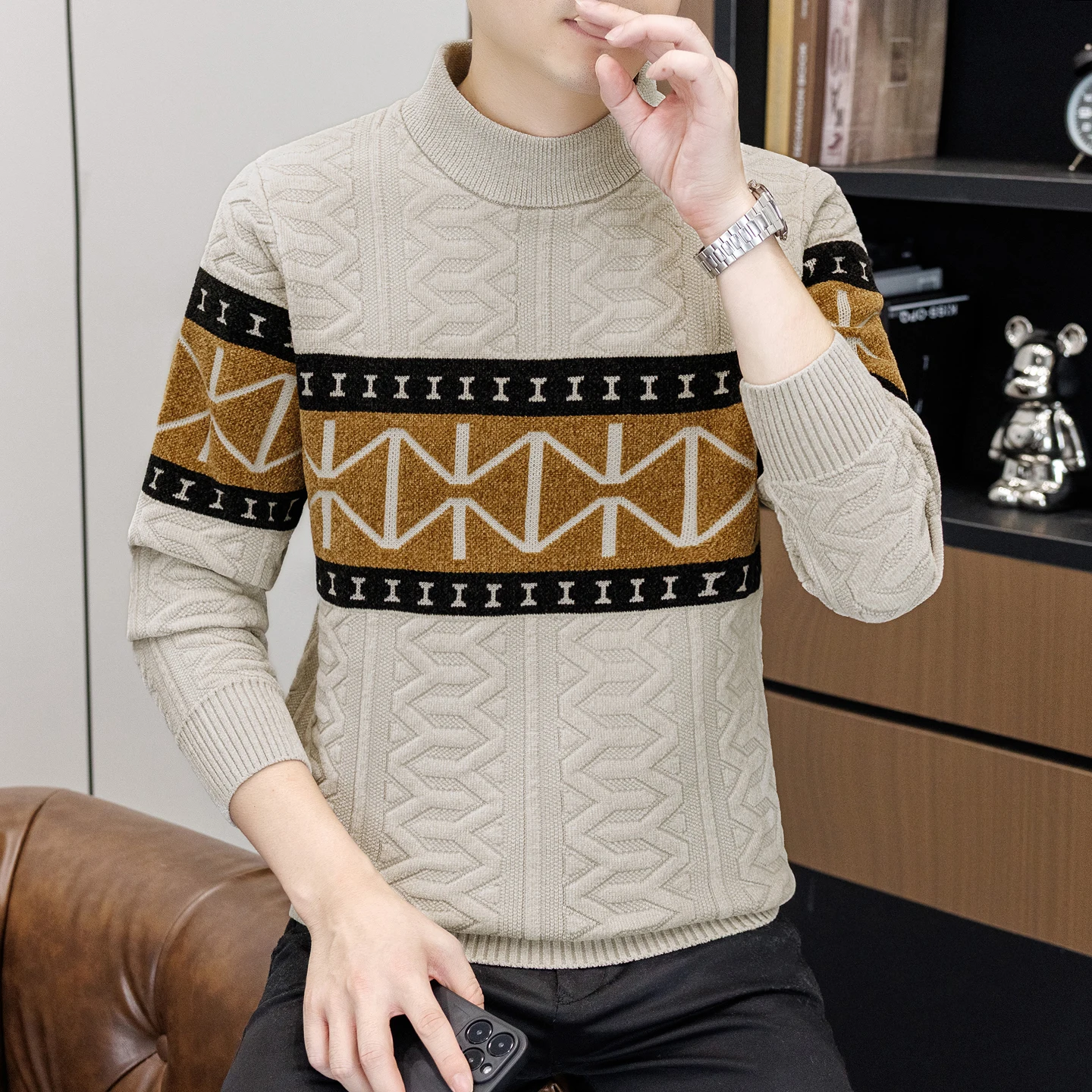 

Высококачественный жаккардовый вязаный свитер для мужчин, теплый повседневный свитер с длинным рукавом и круглым вырезом, облегающие свитера в стиле Харадзюку, мужская одежда