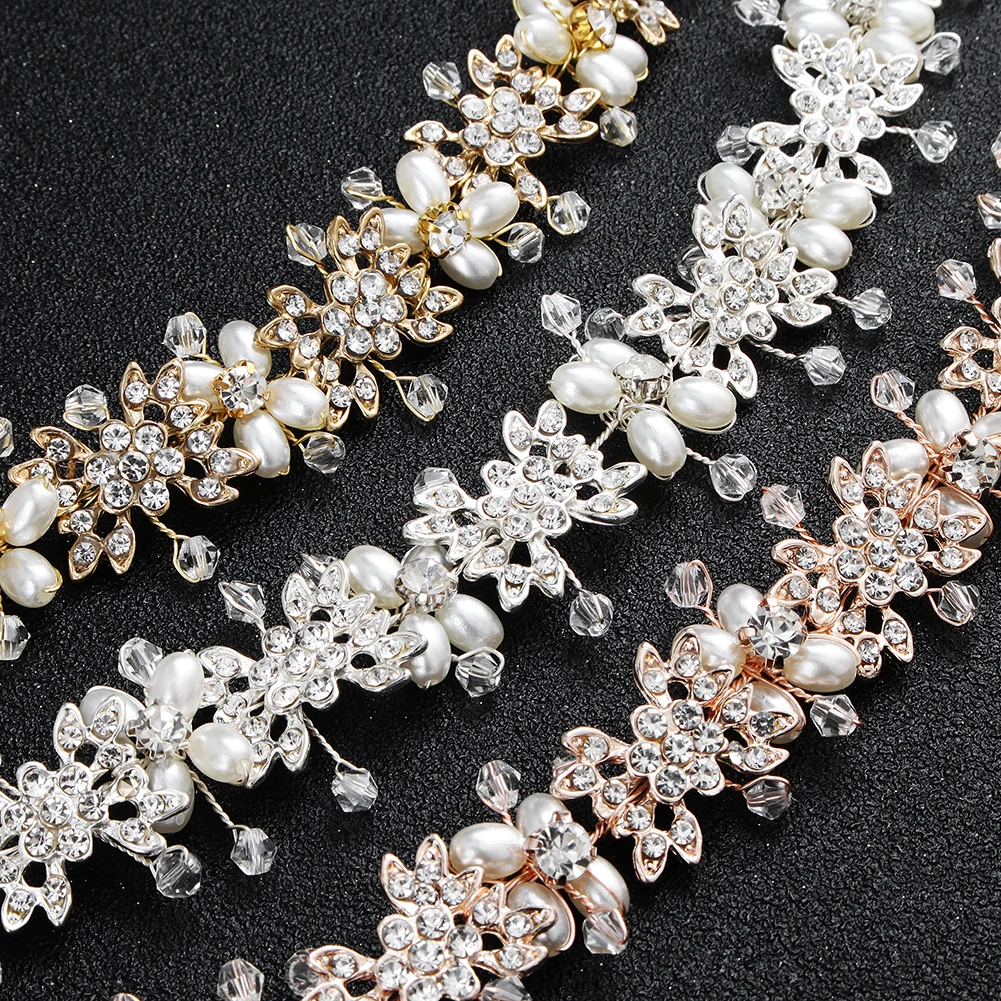 Miallo Elegant Clear Crystal Pearl Bridal Headband Floral Wedding Hair Vine for Women Bride Hairpiece Crown for Wedding Party
