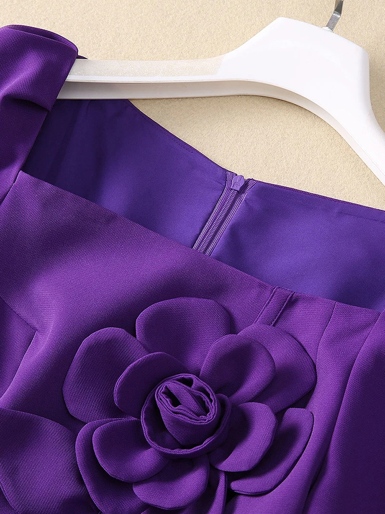Robe de soirée violette de tempérament français élégant, col carré, manches longues, fleur 3D, taille haute, Slim, enveloppée dans les hanches, longue robe pour femmes