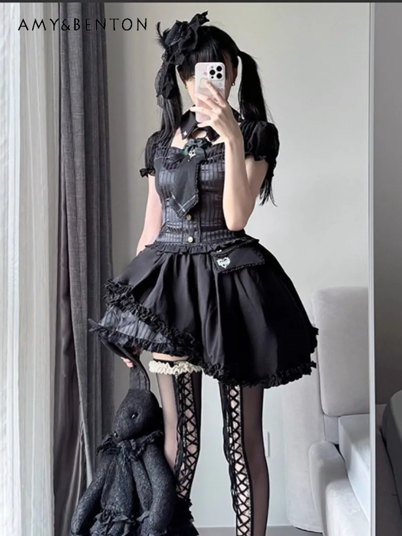 

Gothic Dark Subculture Lolita Set Original Japanese Punk Style Turn-down Collar Short Sleeve Crop Top High Waist Irregular Skirt