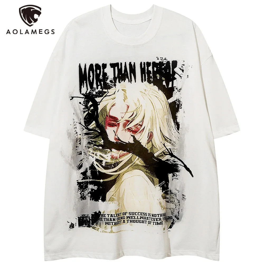 Aolamegs Men Oversized T-Shirts Anime Cartoon Character Graphics Print T Shirt Summer Hip Hop Top Tees Casual Fashion Streetwear