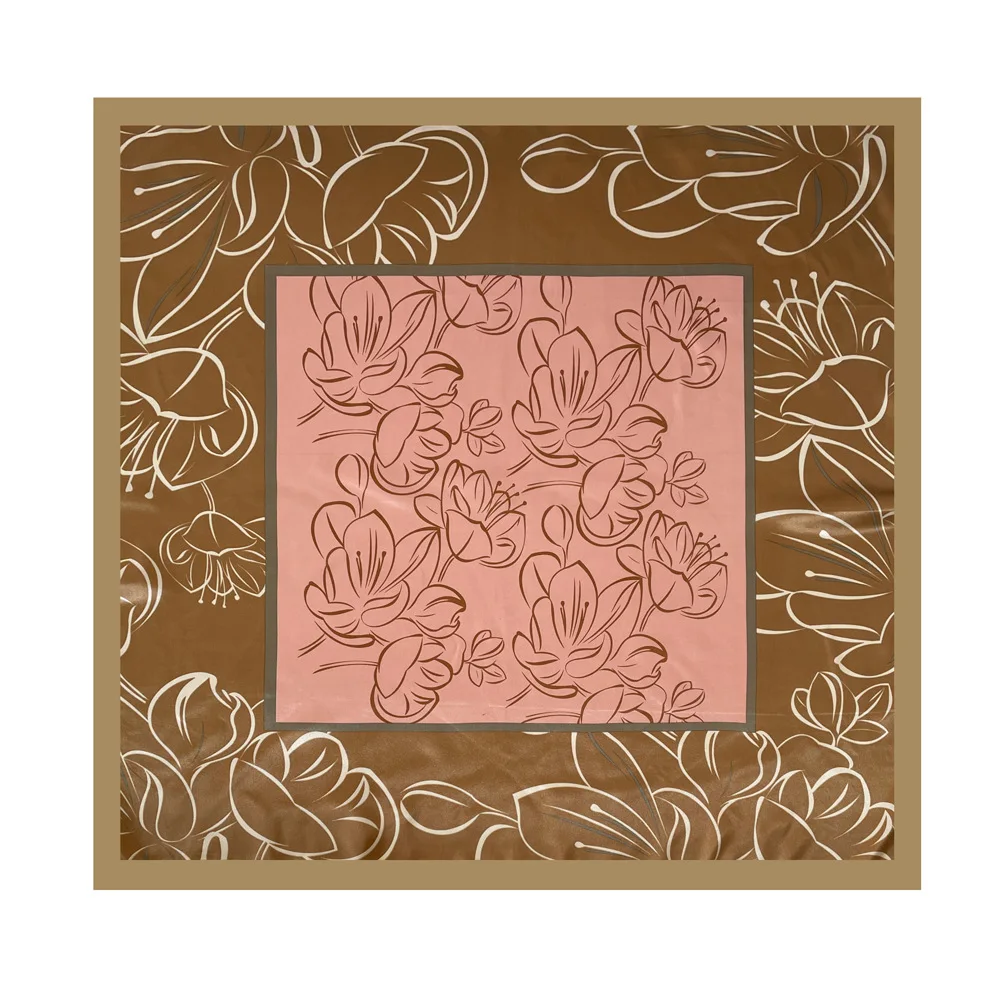 90cm Floral Print Satin Square Scarf Luxury geometric style headscarf women vintage elegant accessory Orange cream floral satin
