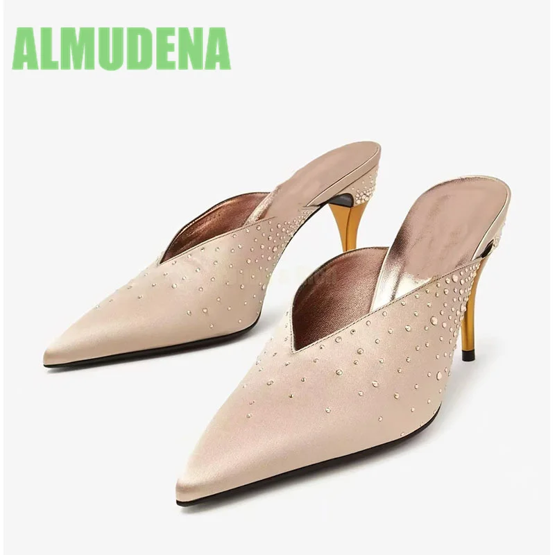 

Satin Thin High-Heeled Slippers High-End Fashion Metal Heels with Pointed Rhinestones Niche Design High Heels with Toe Caps