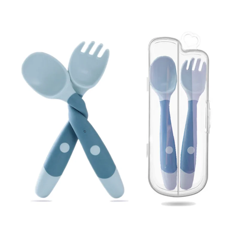 Juego de utensilios de cuchara de silicona para bebé, comida auxiliar para niños pequeños, aprender a comer, entrenamiento flexible, tenedor suave,