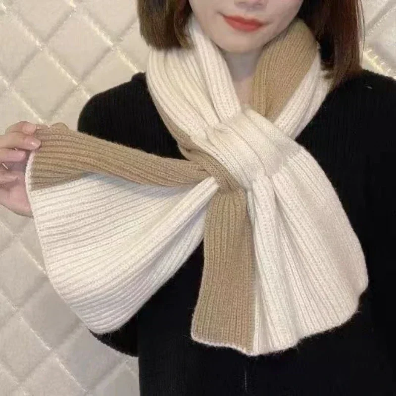 Short Autumn Winter Cross Knitted Scarf Japanese Korean Patchwork Color Female Scarf Hundred with Winter Warm Neck Warm Scarf