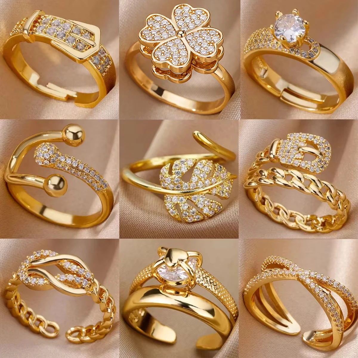 Anillos de cristal de acero inoxidable chapados en oro para mujer, cadena geométrica, anillo de dedo de circón, joyería de regalo, anillos para mujer 2025, nueva moda
