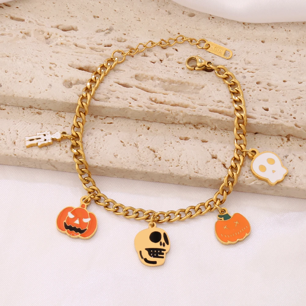 Stainless Steel Halloween Ghost Spider Bat Pendant Bracelet for Women Funny Mummy Pumpkin Chain Bracelets Jewelry Party Gift