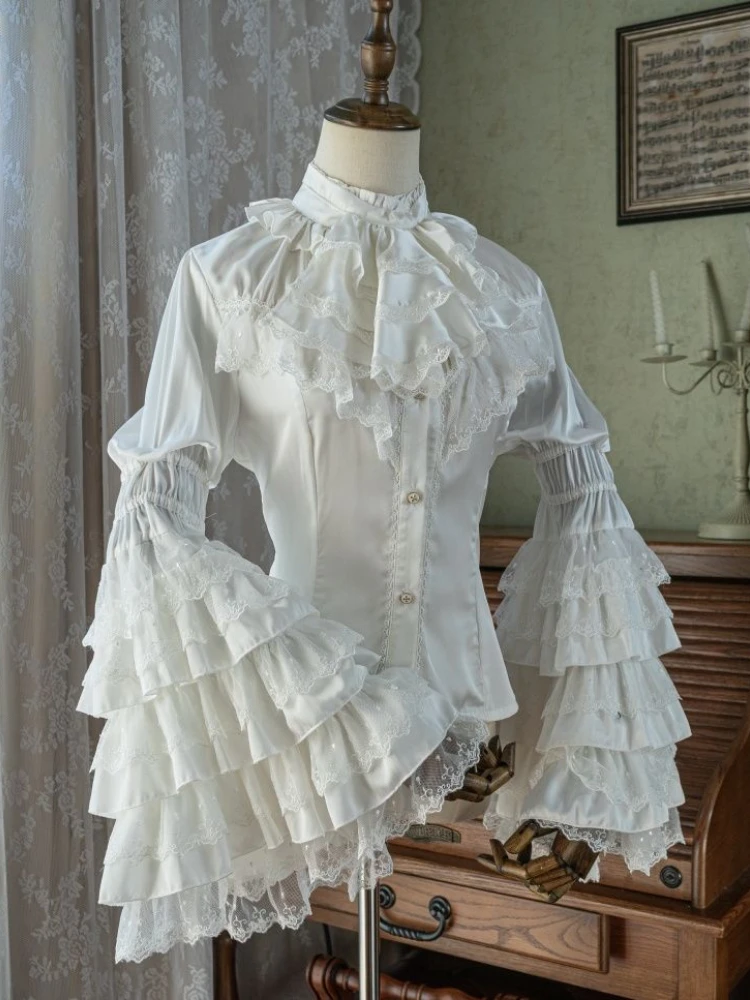 

Y2k Aesthetic Lace Patchwork Ruffled Blouse Sweet Lolita Flare Sleeve Shirt Women Jk Stand Neck Ruffled Single Breasted Blusas