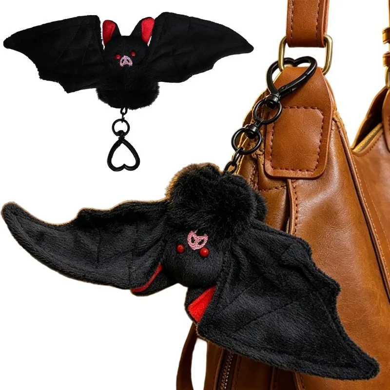 Gotischer Plüsch-Fledermaus-Schlüsselanhänger mit abnehmbaren, beweglichen Flügeln, weicher Stofftier-Anhänger in Schwarz-Rot, gruseliger Charm für Rucksack und Tasche