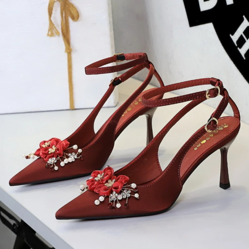 BIGTREE Shoes Ladies Sexy Pointed Toe Heels Rhinestone Ribbon Flowers Cut One Strap Thin Stiletto Banquet Wedding Dress view 2