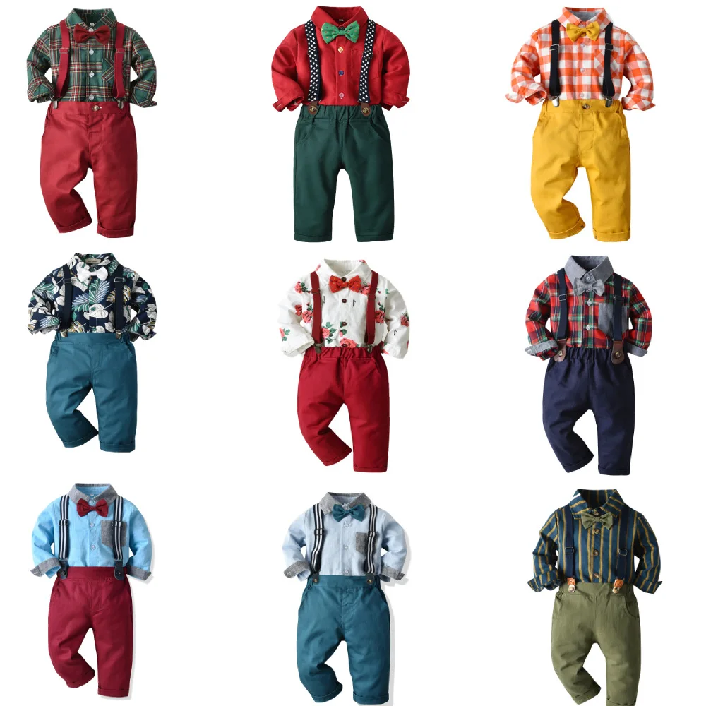 

Kid Boy Diverse Outfit Two Piece Set Various Patterned Shirts Suspender Pants Bow Ties Children Formal Festive Occasion Wear