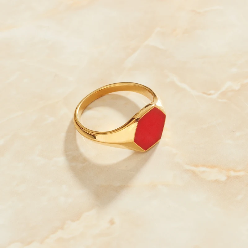 

SOMMAR Gorgeous Gold Plated color size 6 7 8 women female ring Red enamel hexagon ring men fine fashion jewelry
