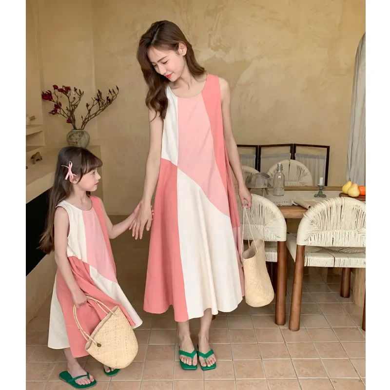 Mother Daughter Matching Pink Dress 2024 Summer Mom and Baby Girl Equal Sleeveless One Piece Dresses Korean Parent-child Clothes