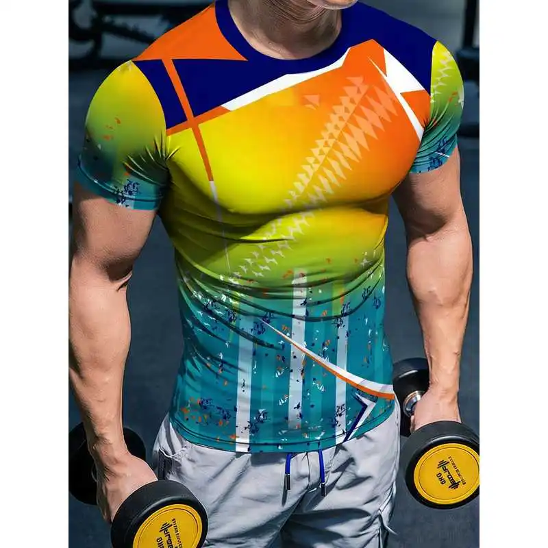 Mens Snug Fit High Stretch Muscle T Shirt Quick Dry Moisture Wicking Gradient Orange Yellow Green Fitness Top Suitable For Weigh